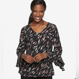 Long layered bell sleeve vneck black blush and mocha brush stroke top size large